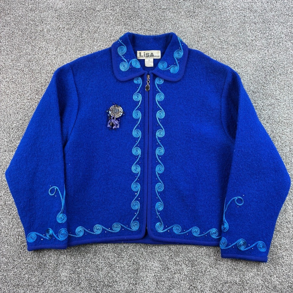 Vintage Lisa International Boiled Wool Jacket Women's XL Blue Embroidered Pin